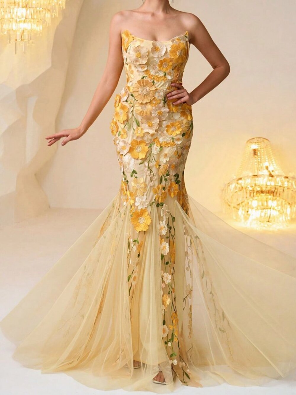 Yellow Elegant Women's Allover Print Patchwork Ruffle Sequin Mesh Formal Gown